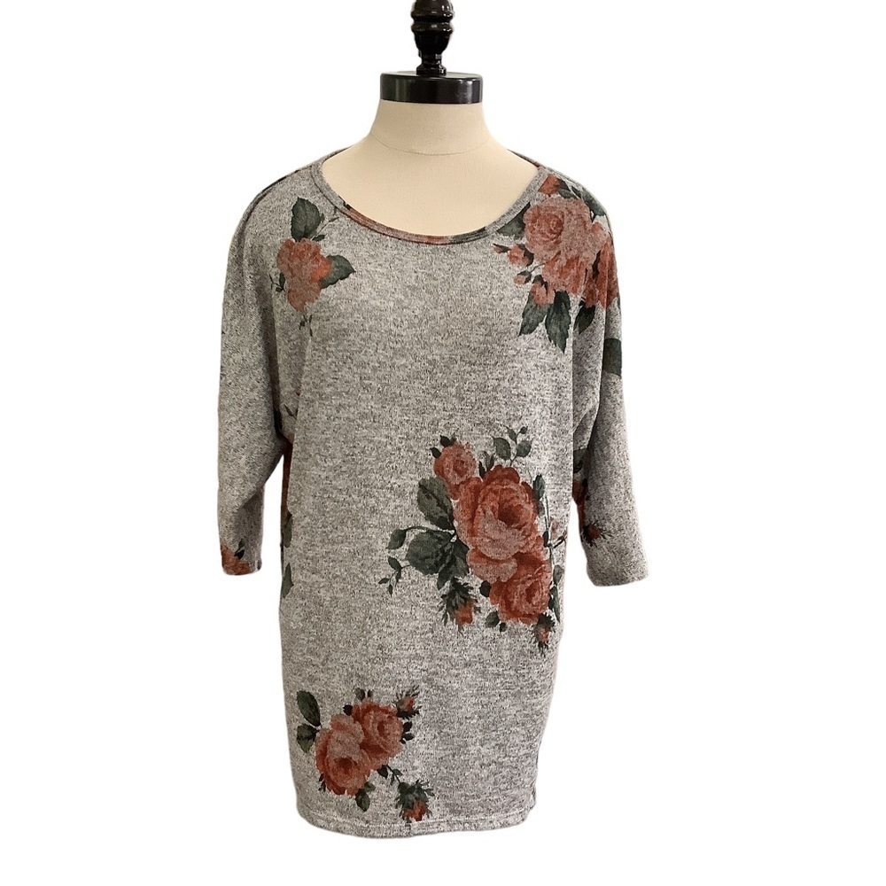 BOBBIE BROOKS Gray & Floral Tunic Top with 3/4 sleeves Womens‎ M